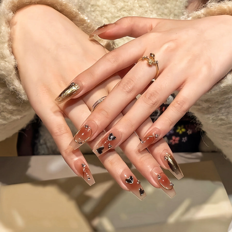 【Hand made】Gold & Black Heart Graceful Press-on Nude Nails