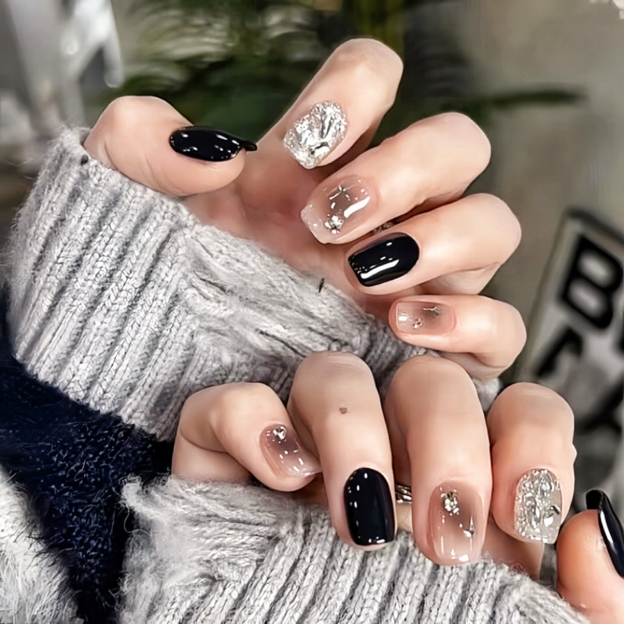 【Hand made】Black And Pink Sparkle Cross Star Short Nails