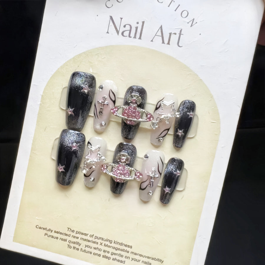 【Hand made】 Blackberry & Pink Planet Coffin Press-on Nails