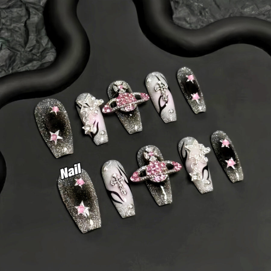 【Hand made】 Blackberry & Pink Planet Coffin Press-on Nails