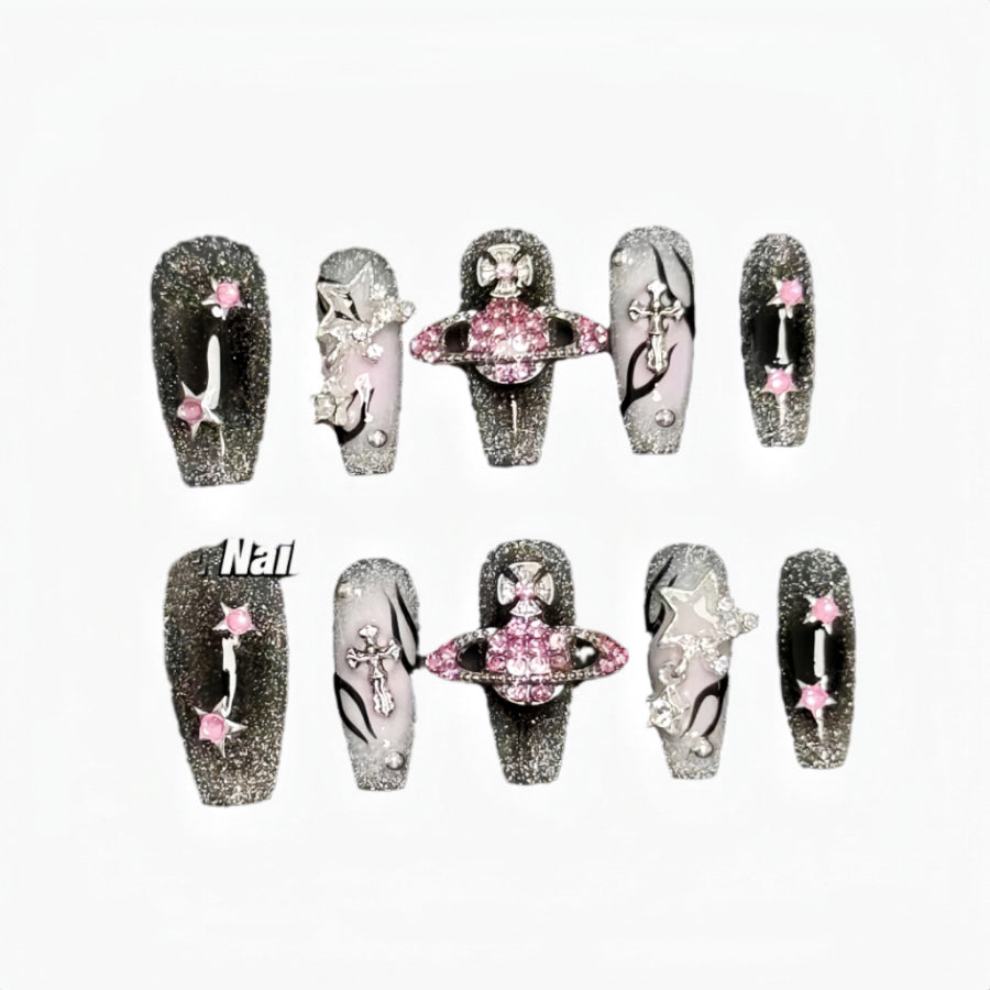 【Hand made】 Blackberry & Pink Planet Coffin Press-on Nails