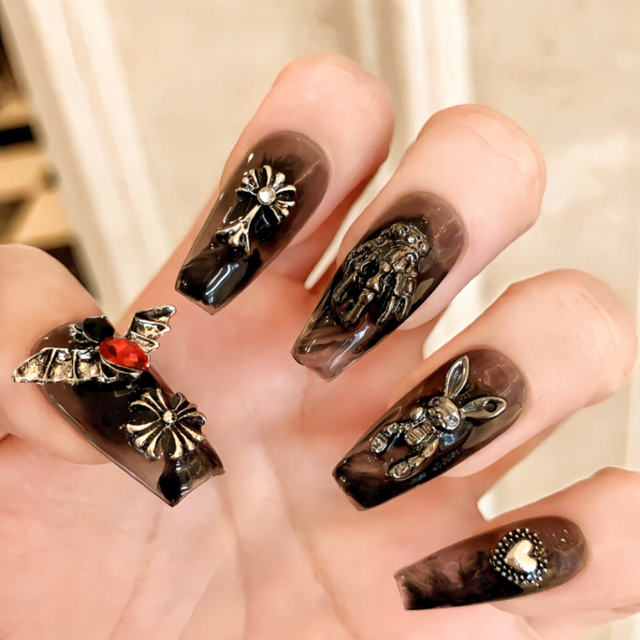 【Hand made】Black Rabbit & Chrome Heart Halloween Press-on nails