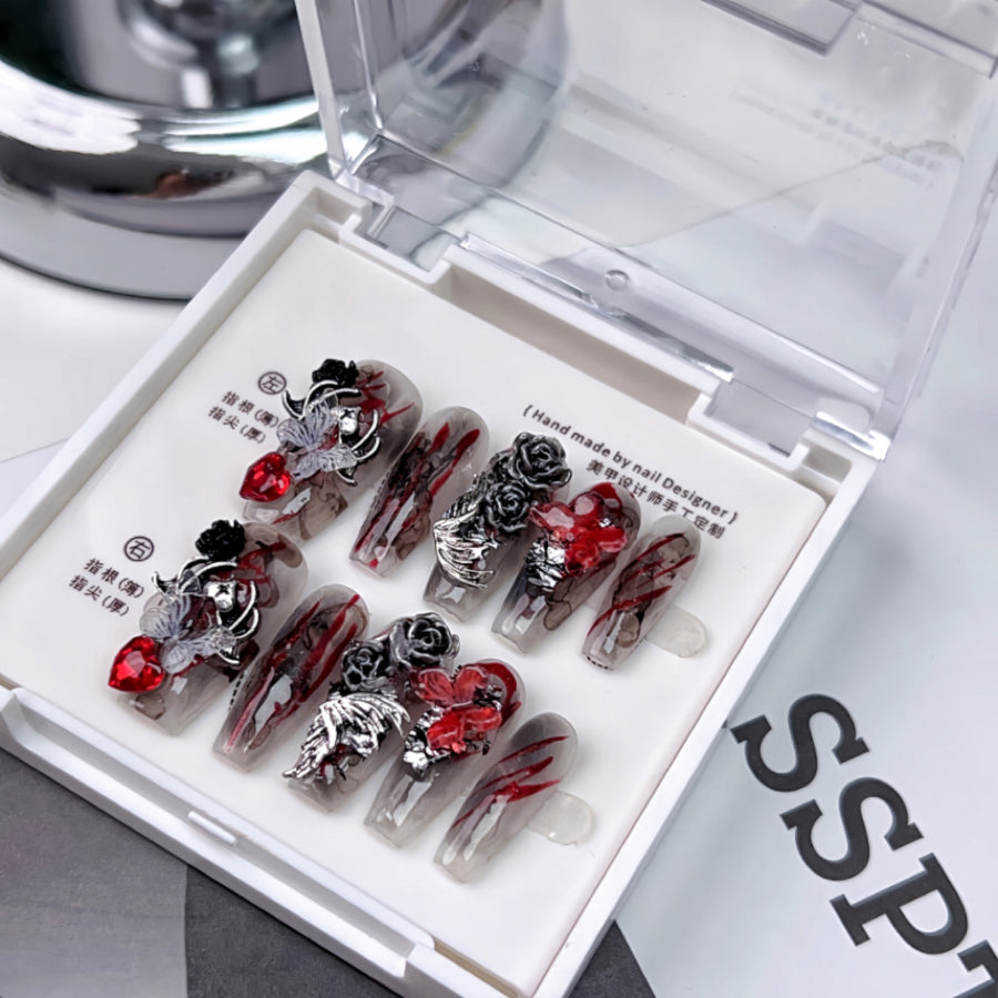 【Hand made】 Bloody & Silver Butterfly Halloween Press-on Nails