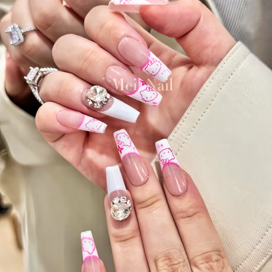 【Hand made】White & Pink Hello Kitty Nude Nails