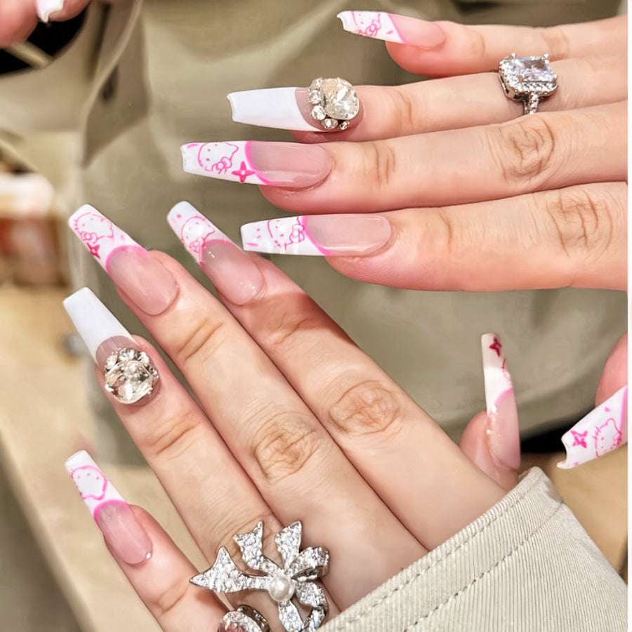 【Hand made】White & Pink Hello Kitty Nude Nails