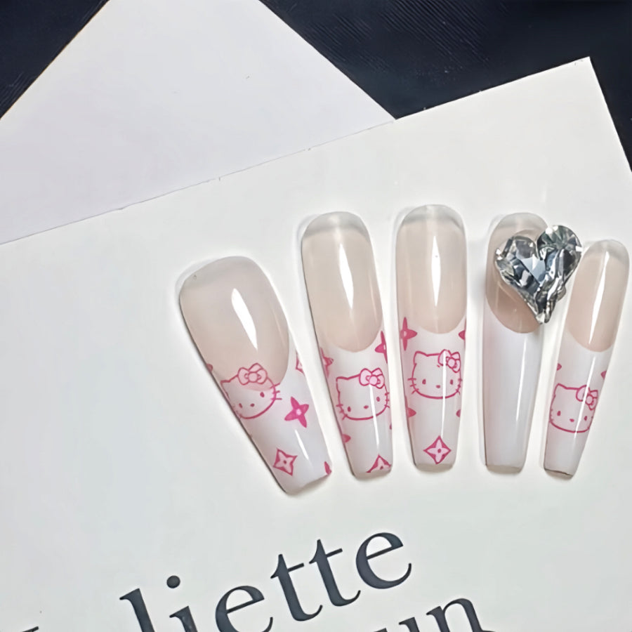 【Hand made】White & Pink Hello Kitty Nude Nails