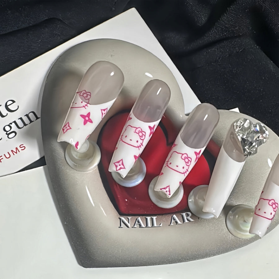 【Hand made】White & Pink Hello Kitty Nude Nails