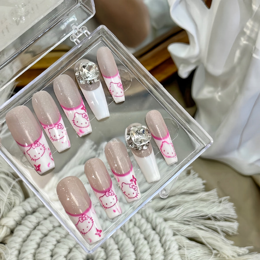 【Hand made】White & Pink Hello Kitty Nude Nails