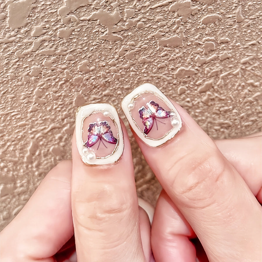 【Hand made】 Pink Butterfly Short False Nails