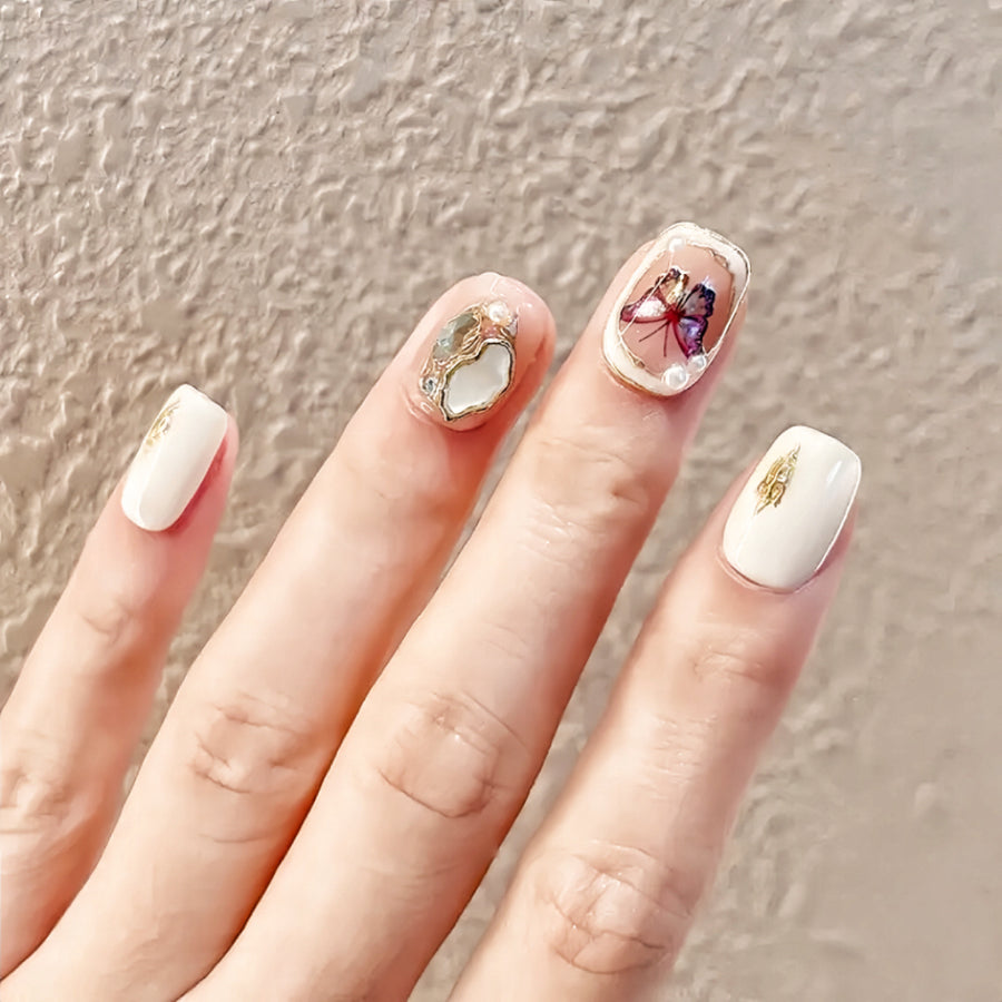 【Hand made】 Pink Butterfly Short False Nails