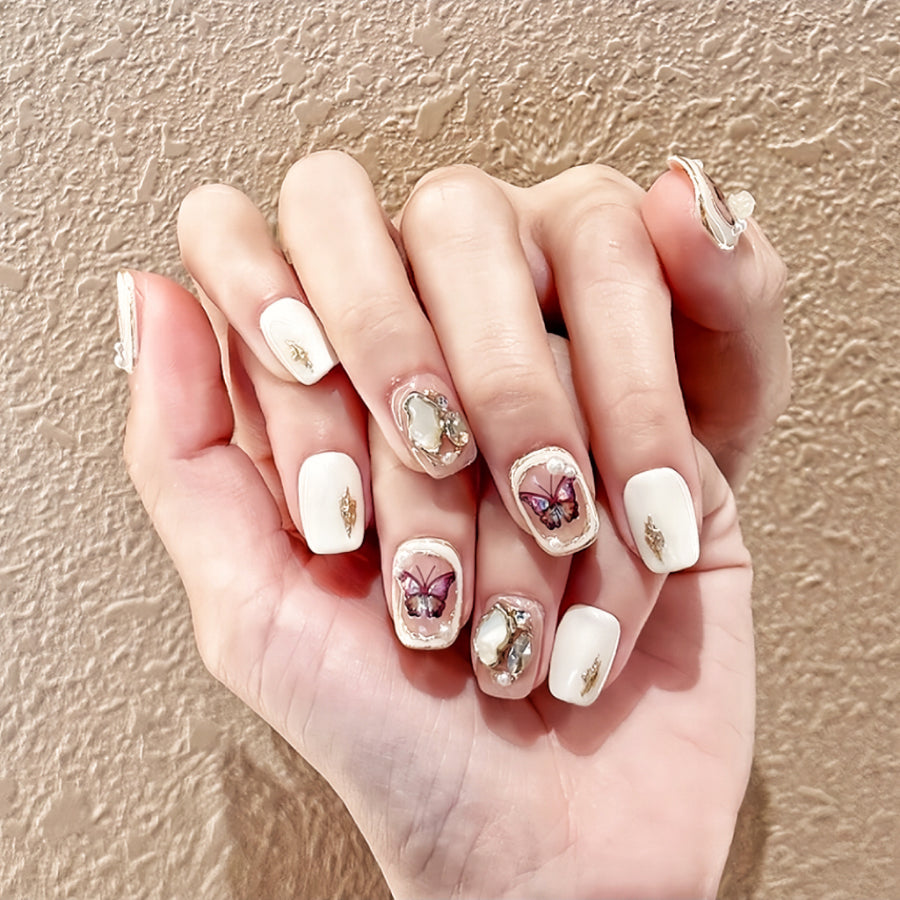 【Hand made】 Pink Butterfly Short False Nails