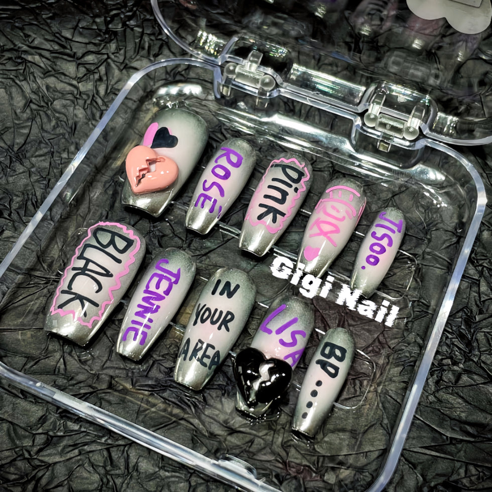 【Custom】 Silver And Black Pink Rose False Nails