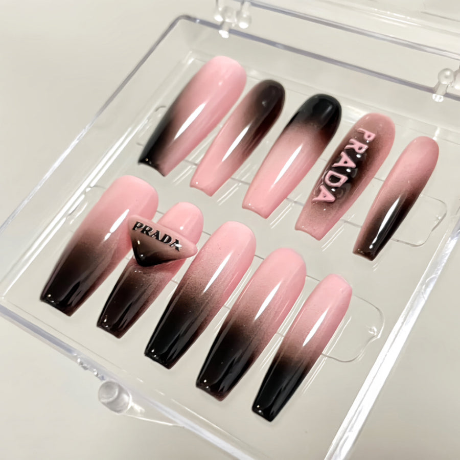 【Custom】Prada Black & Pink Ombre Nails