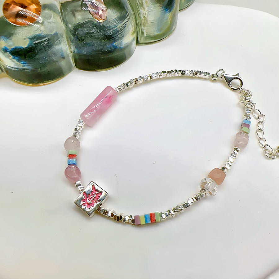Sterling Silver and Pink Crystal Beads Bracelet Attract Money & Luck