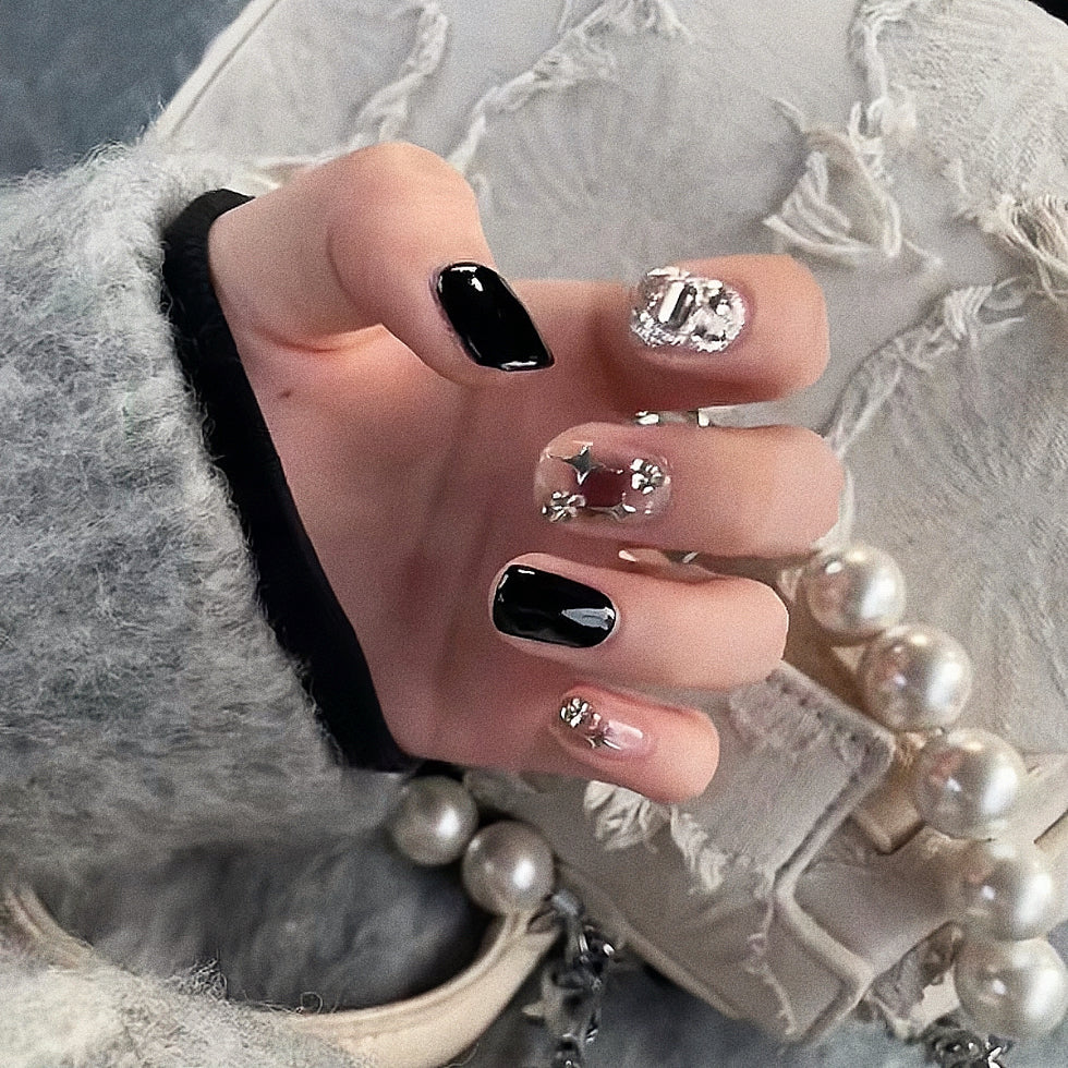 【Hand made】Black And Pink Sparkle Cross Star Short Nails