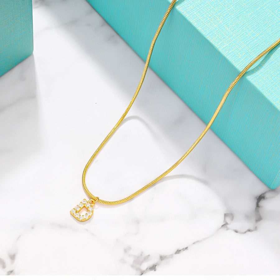 18K Gold Snake Herringbone Chain with A-Z Alphabet Letter Pendant Necklace