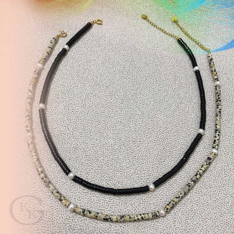 18k Gold Titanium Chain Freshwater Pearl & Natural Stone Choker Necklace