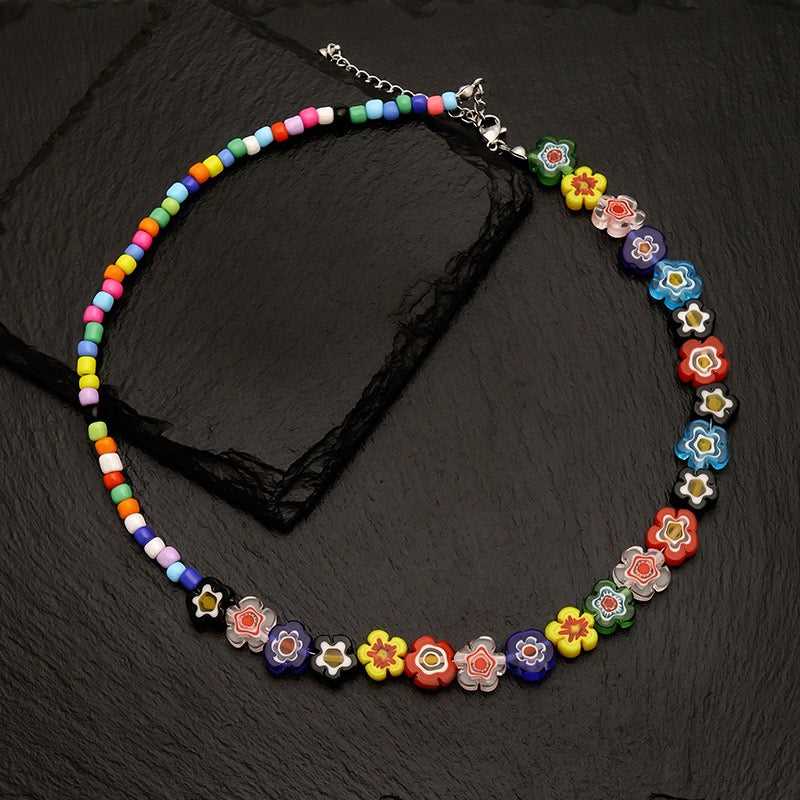 Flower Coloured Glaze Mix-Color Beads Beaded Necklace