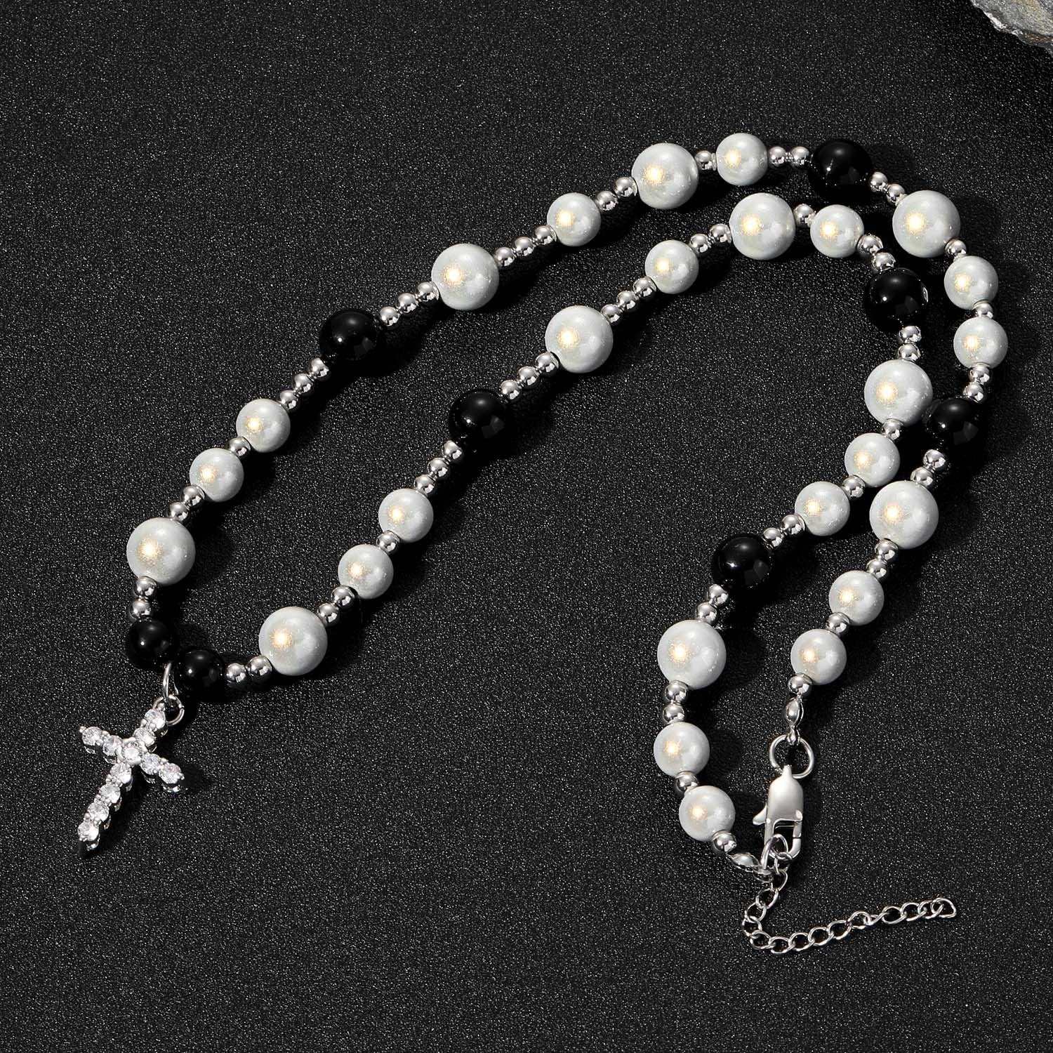 Black & White Pearls Stainless Steel Cross Pendant Necklace for Men