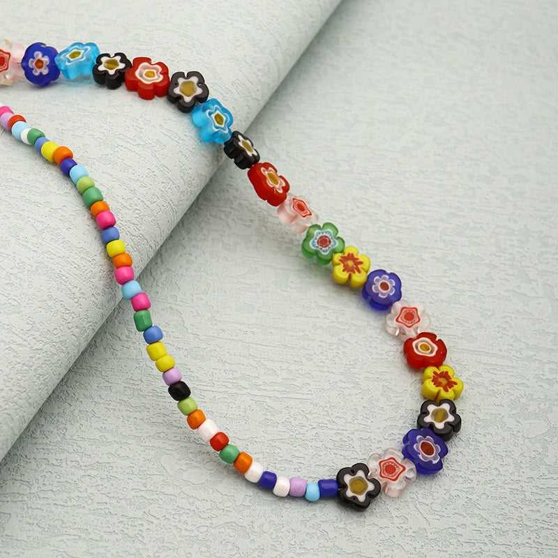 Flower Coloured Glaze Mix-Color Beads Beaded Necklace