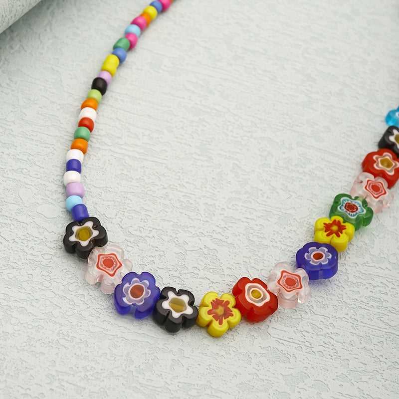 Flower Coloured Glaze Mix-Color Beads Beaded Necklace