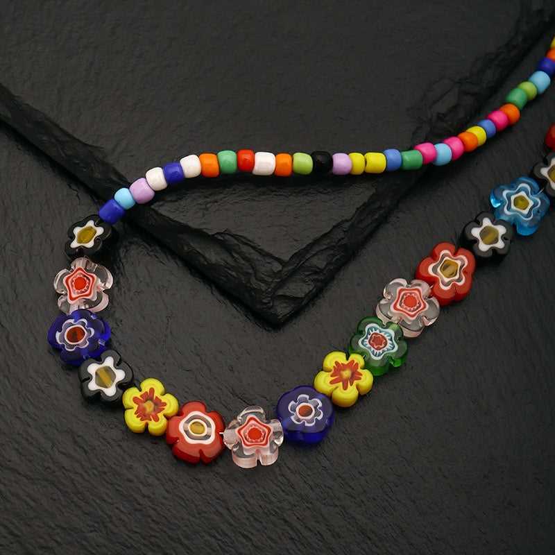 Flower Coloured Glaze Mix-Color Beads Beaded Necklace