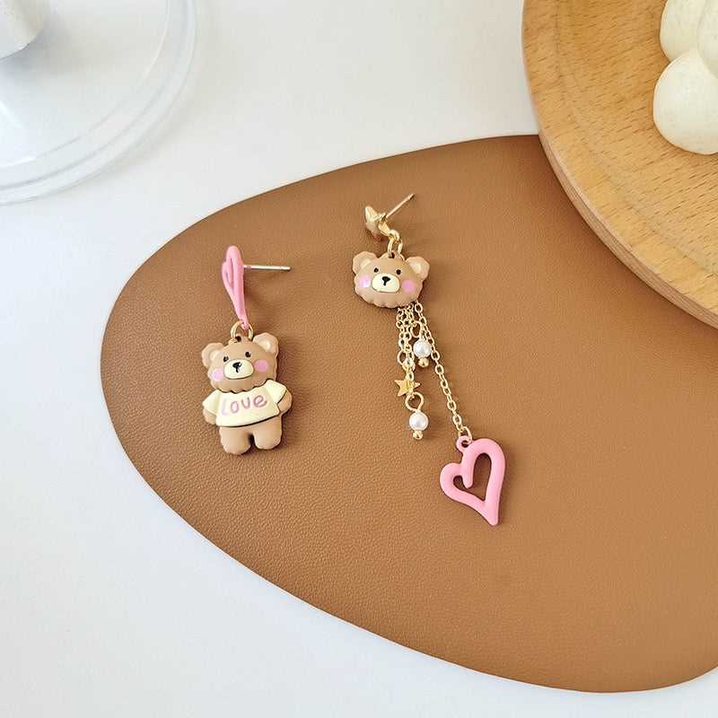 Cute Heart Bear Asymmetrical Earring