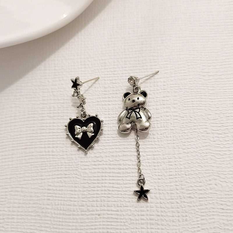 Cute Metal Bear & Heart Asymmetrical Earring