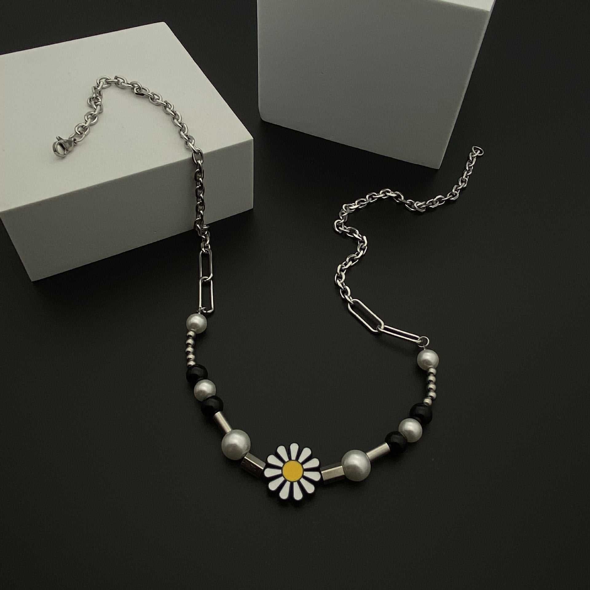 Daisies Pearl Titanium Steel Chain Necklace for Men