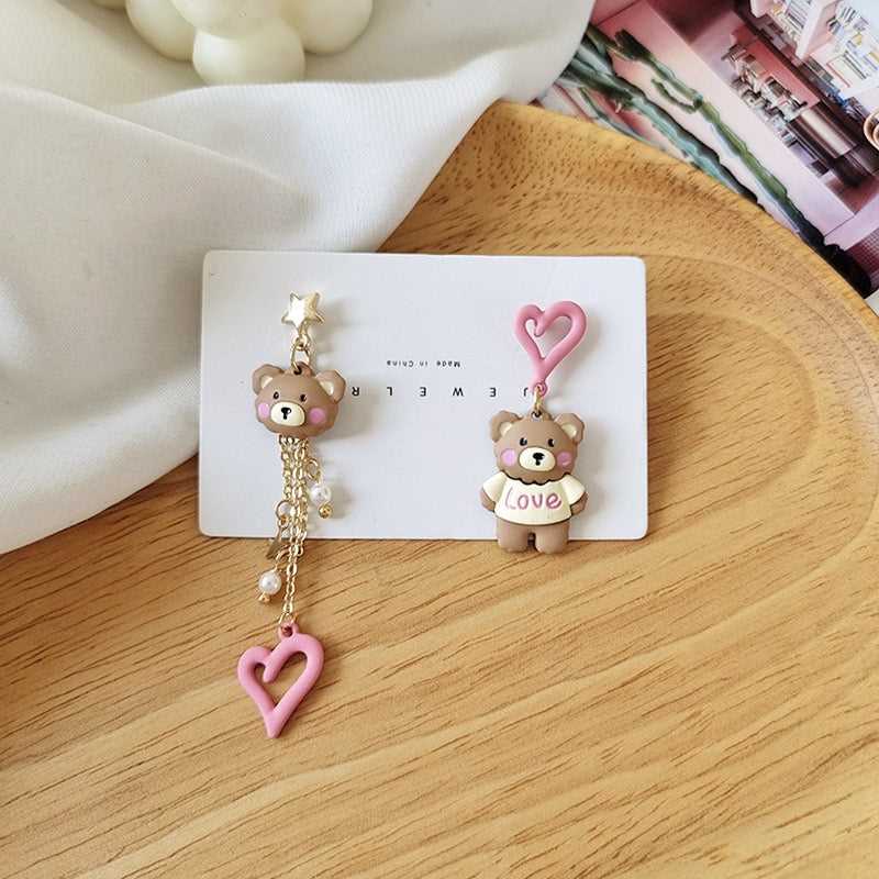 Cute Heart Bear Asymmetrical Earring