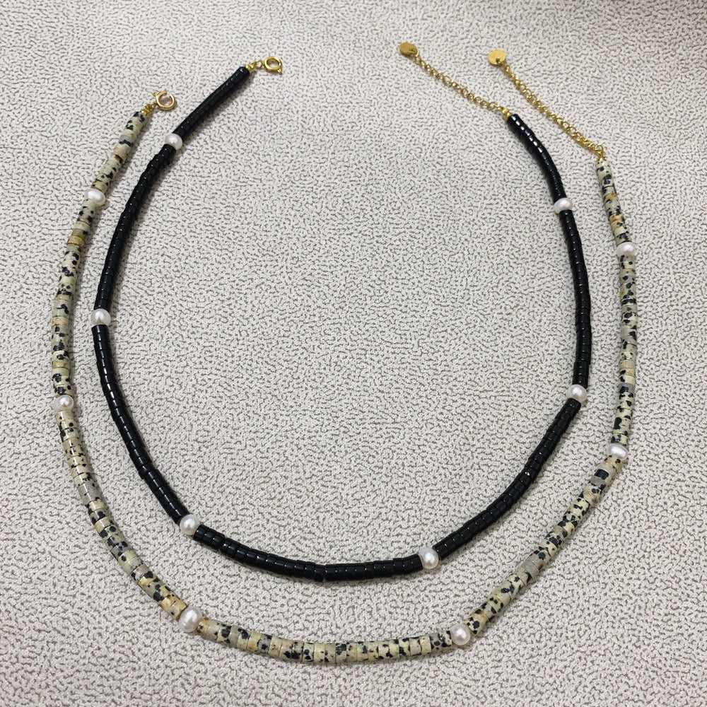 18k Gold Titanium Chain Freshwater Pearl & Natural Stone Choker Necklace