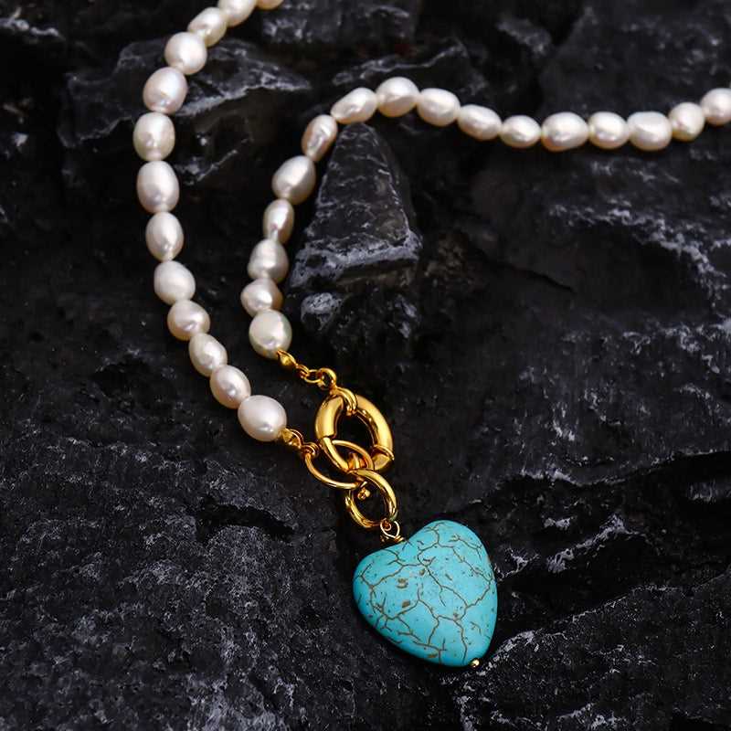 Freshwater Pearl Turquoise Heart Pendant Necklace