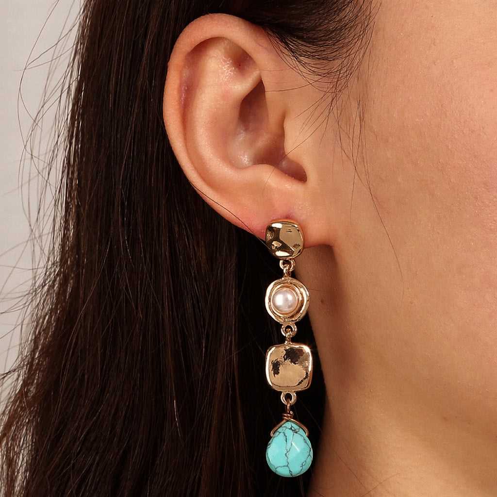 Block with Turquoise & Pearl Inlaid Long Drop Earrings