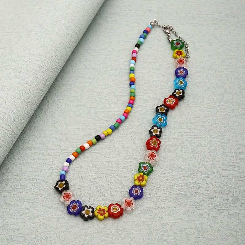 Flower Coloured Glaze Mix-Color Beads Beaded Necklace