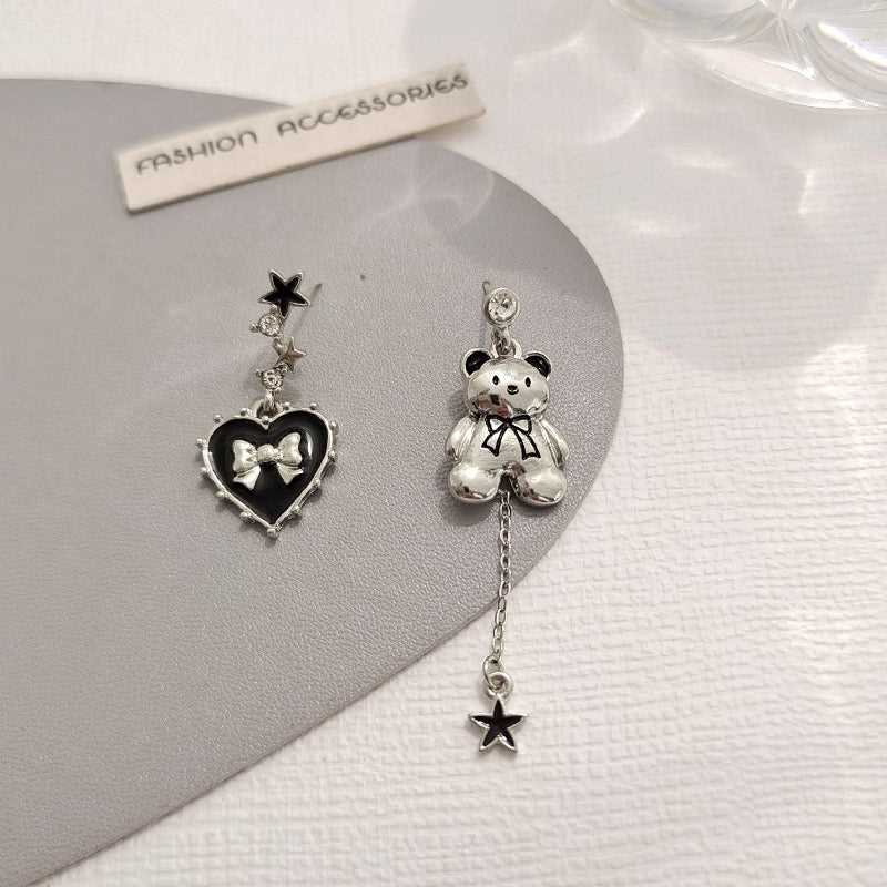 Cute Metal Bear & Heart Asymmetrical Earring