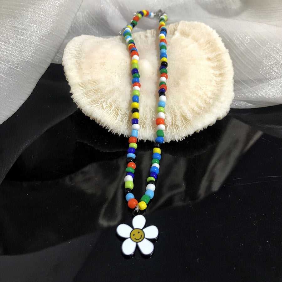 Colorful Beads Beaded & Cute Flower Pendant Necklace