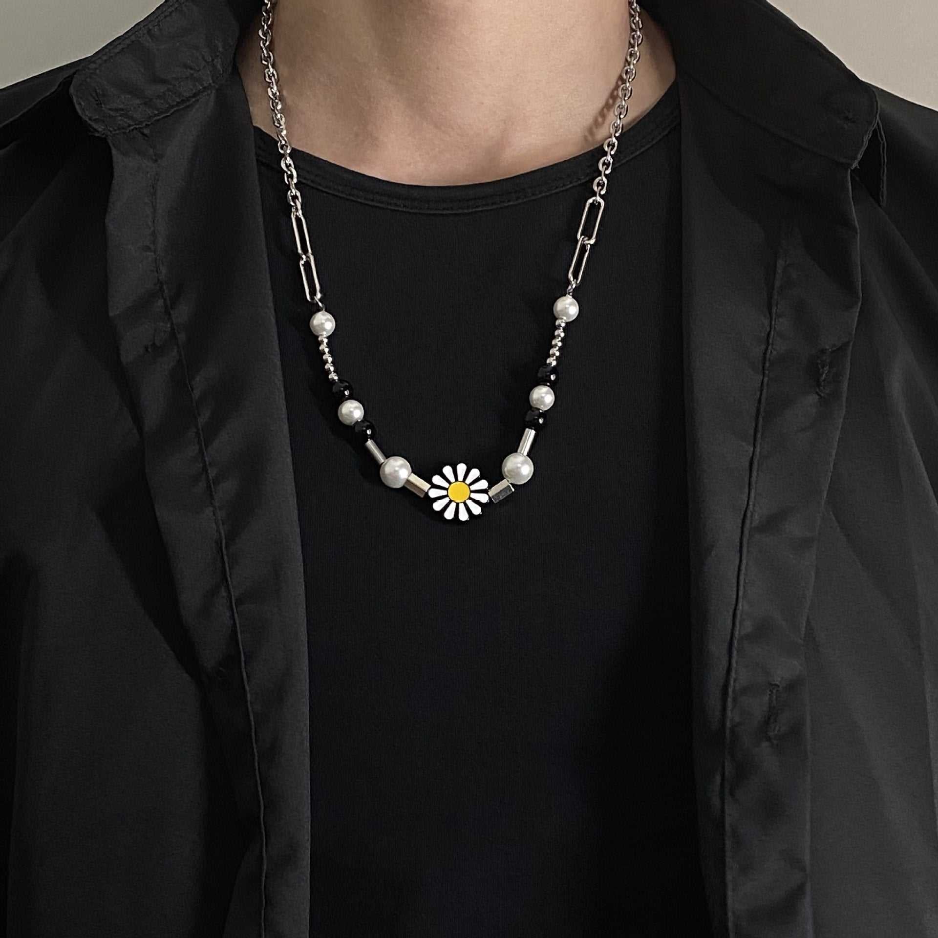 Daisies Pearl Titanium Steel Chain Necklace for Men