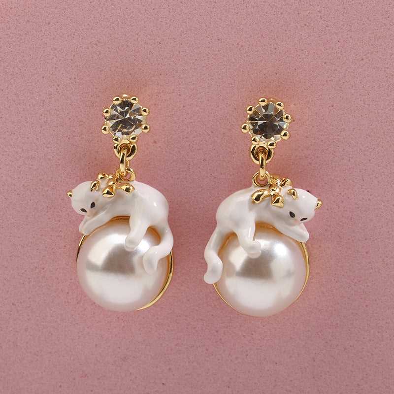 Cute Handmade White Cat Enamel Glaze Gold Plated Earrings