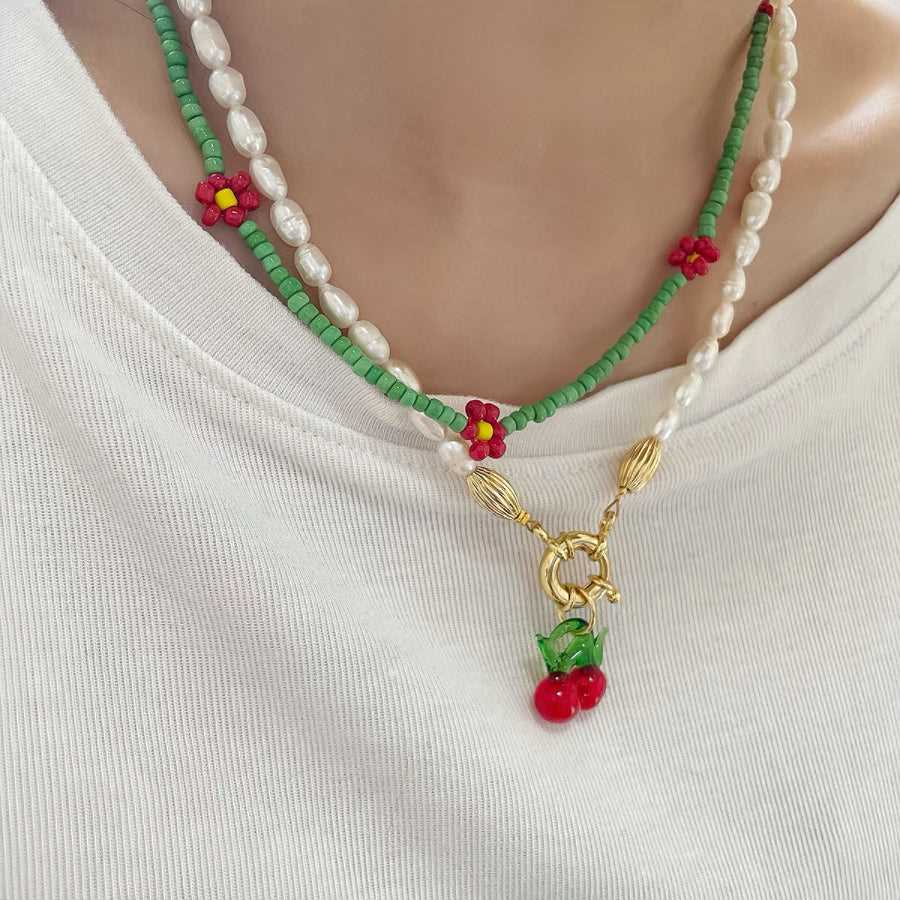 Freshwater Pearl & Cherry Glaze Pendant Necklace