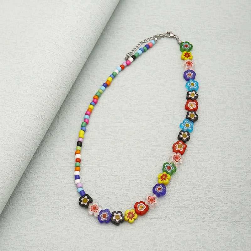 Flower Coloured Glaze Mix-Color Beads Beaded Necklace