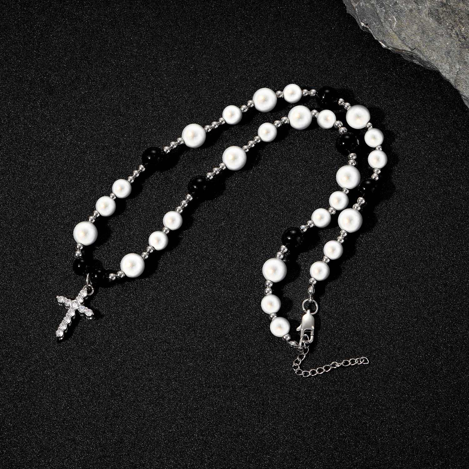 Black & White Pearls Stainless Steel Cross Pendant Necklace for Men