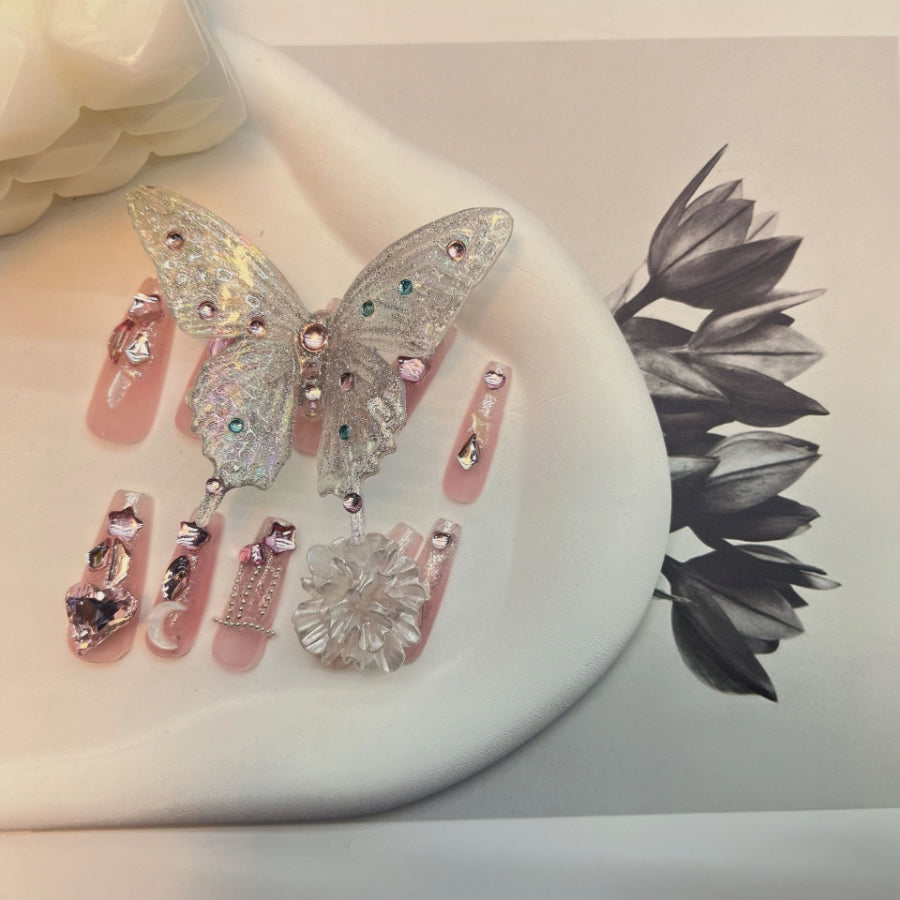 【Hand made】Pink Handmade Press on | False Nails with Large Butterfly