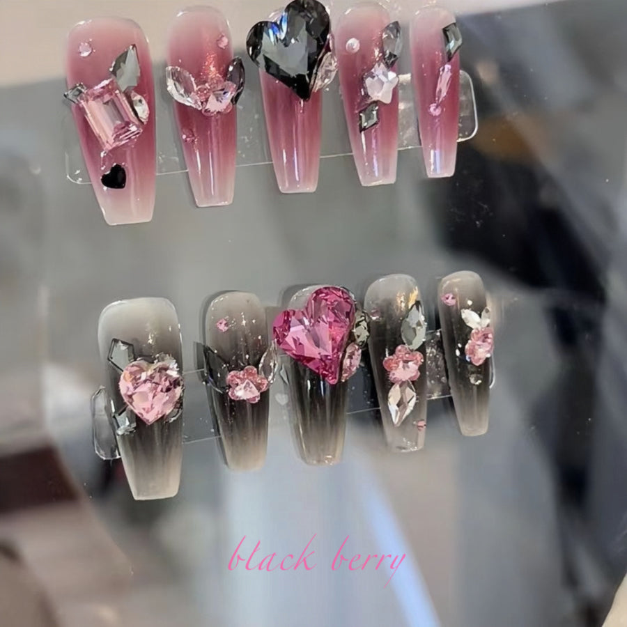 【Hand made】 Glitzy Handmade Press on | False Nails with Black Berry Rhinestone