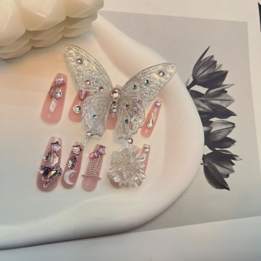 【Hand made】Pink Handmade Press on | False Nails with Large Butterfly