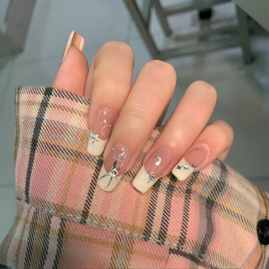 【Hand made】 French Style Starry Diamond Handmade Press On Nails