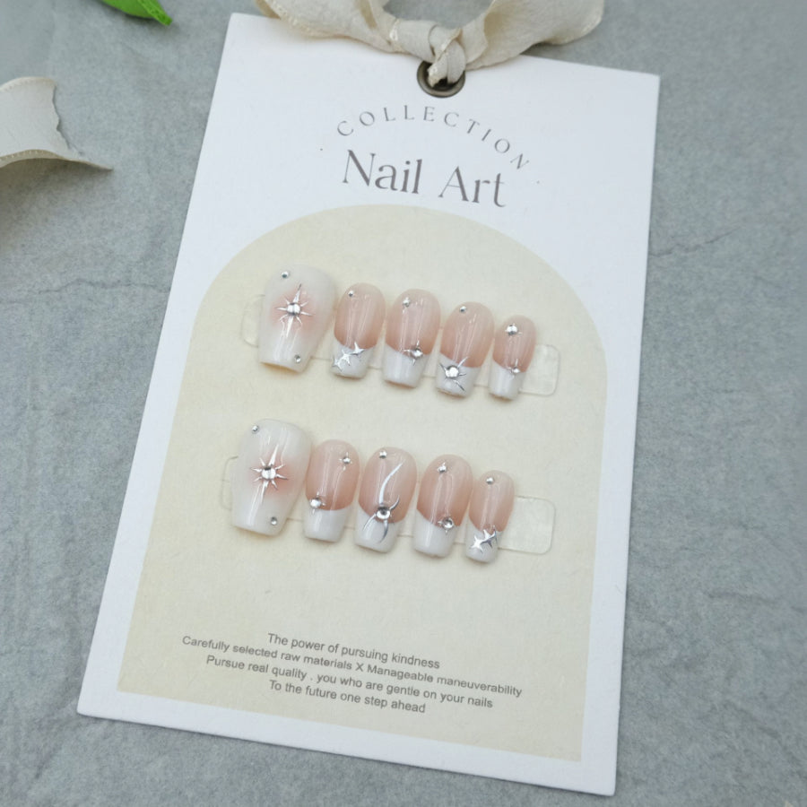 【Hand made】 French Style Starry Diamond Handmade Press On Nails