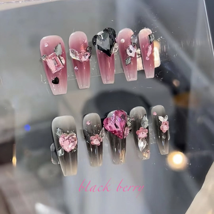 【Hand made】 Glitzy Handmade Press on | False Nails with Black Berry Rhinestone