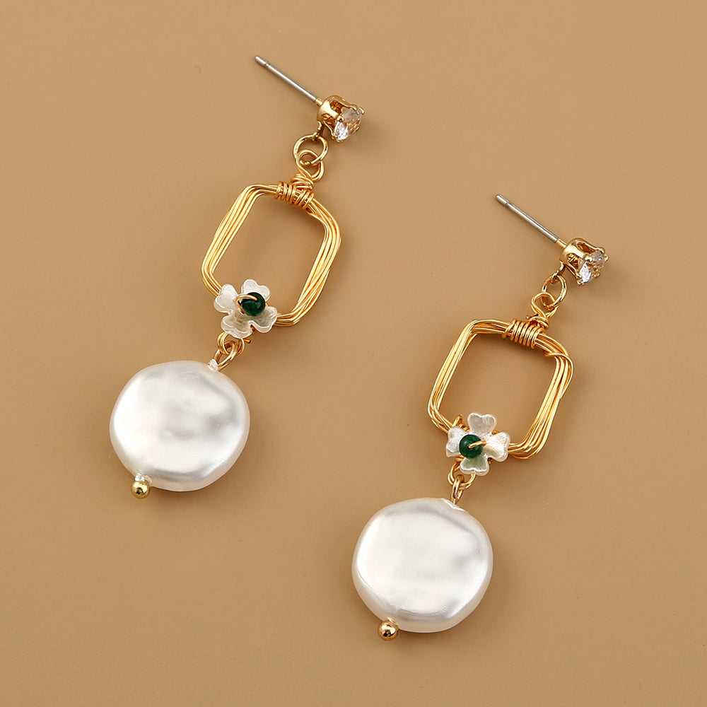 Flower Charm Square Drop FAUX Pearl Earring