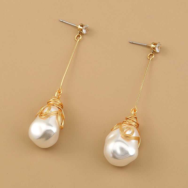 Long Charm Shaped FAUX Pearl Drop Earrings with gold Fringe