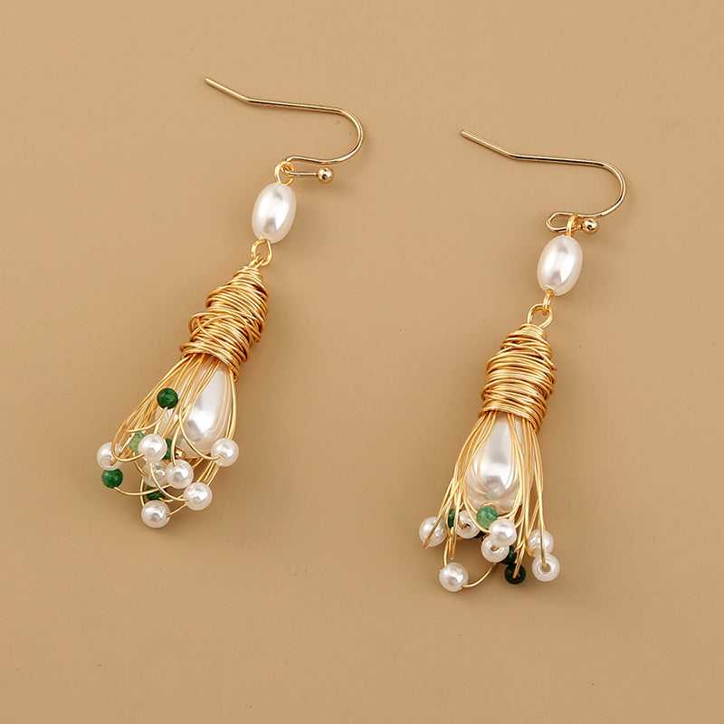 Long Vintage Gold Handmade Tassels FAUX Pearl Earrings